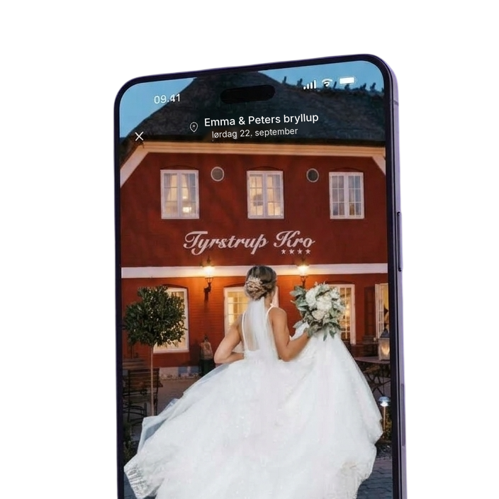 PictureBox-album på telefonen med en brud foran Tyrstrup Kro